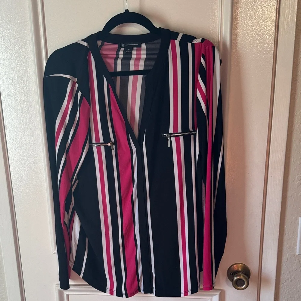 INC International Concepts Black and Pink Striped Blouse - Picture 3 of 5